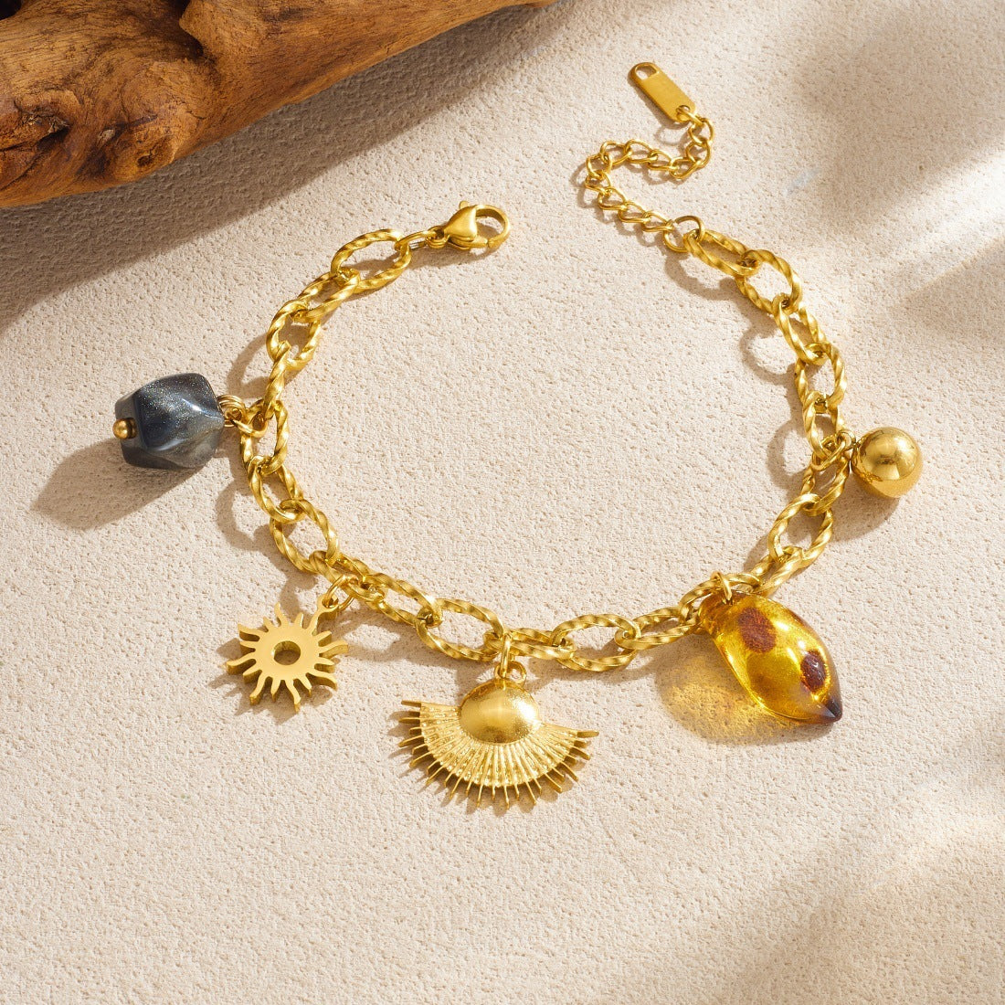 Vintage Gold Plated Geometric Sun Fan Stainless Steel Bracelet for Women