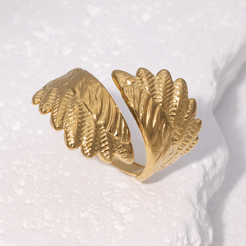 Minimalist Fashion 18K Gold Plated Stainless Steel Wing Open Ring for Women