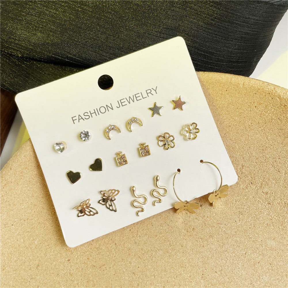 Minimalist Elegant Geometric Star Moon Heart Butterfly Rhinestone Inlay Alloy Handmade Earrings for Women