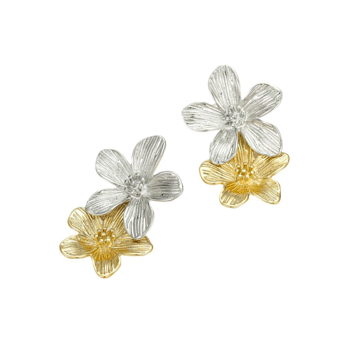 Orecchini pendenti vintage in acciaio inossidabile placcati oro 18 carati a forma di petalo con texture martellata di ispirazione francese