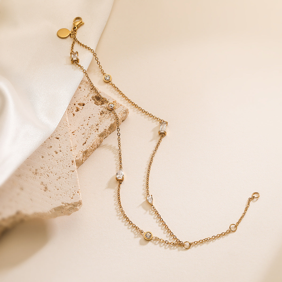 Minimalist Elegant 18K Gold Plated Geometric Stainless Steel Bracelet with Cubic Zirconia for Women