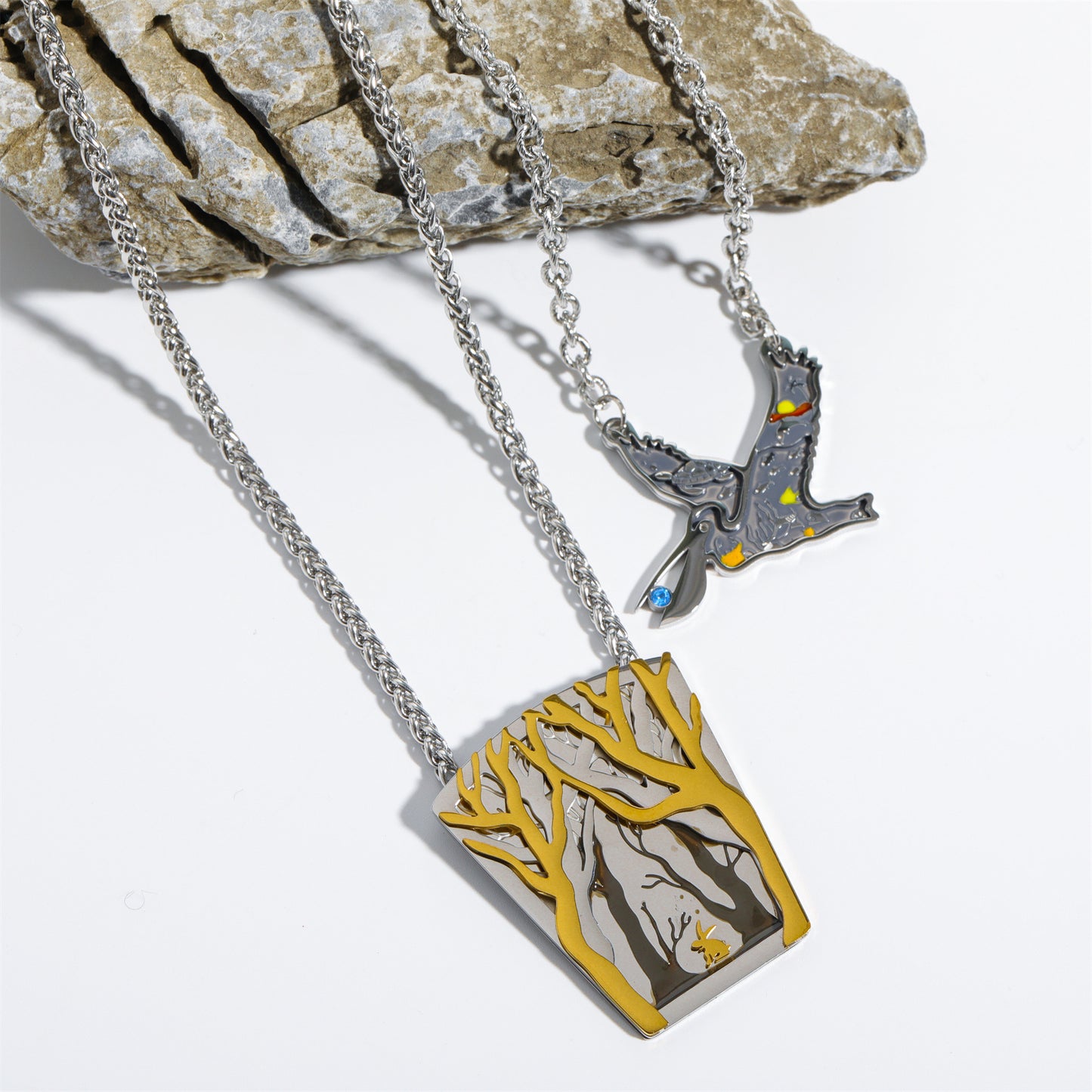 Vintage Bird Pendant Necklace for Women and Men in Stainless Steel with Titanium Steel Charm and Electroplated Finish on O-Chain