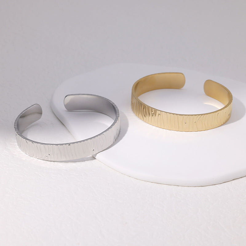 Minimalist Embossed Open Cuff Bracelet 18K Gold Plated Stainless Steel Women