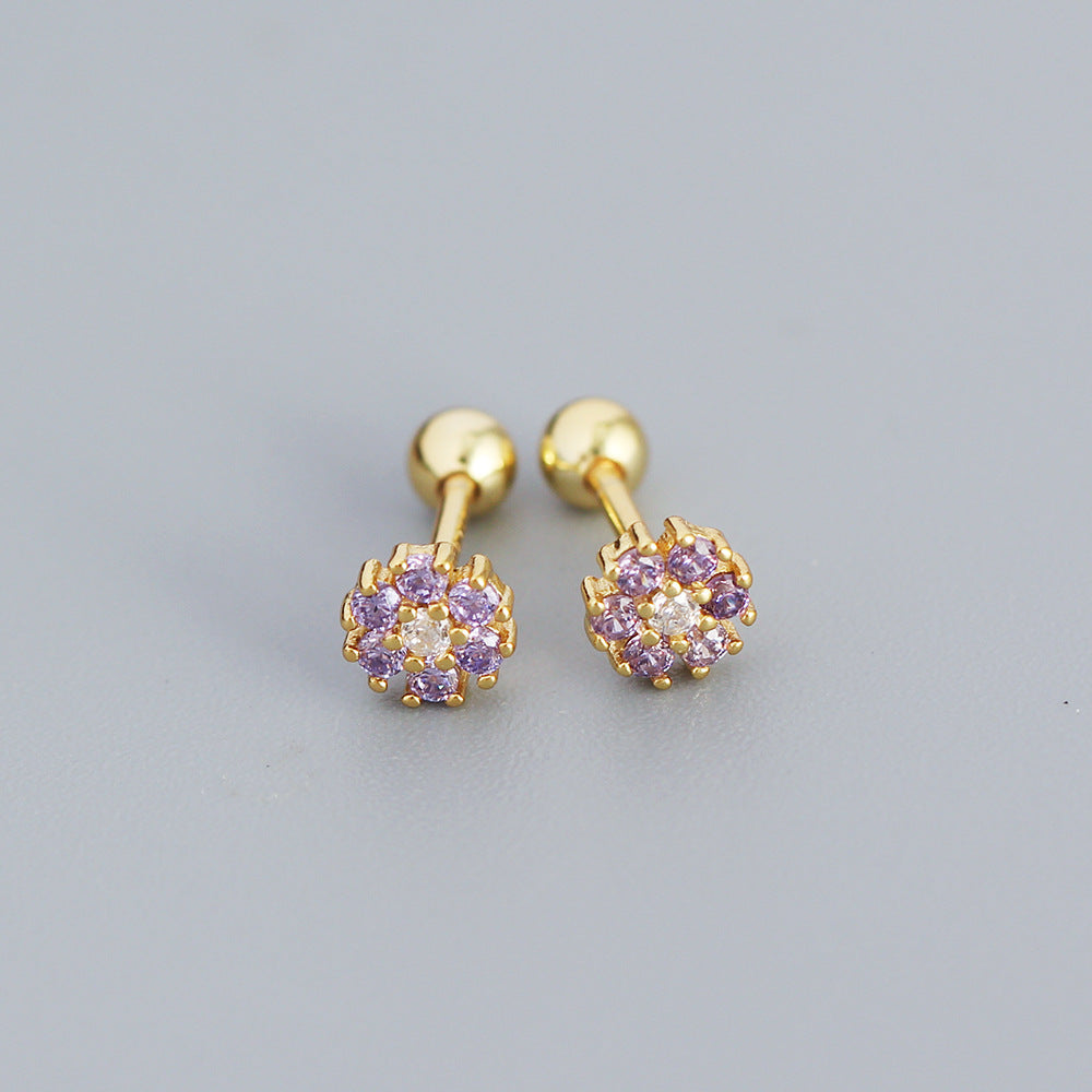 Pendientes minimalistas de plata de ley 925 con incrustaciones florales de circonita cúbica