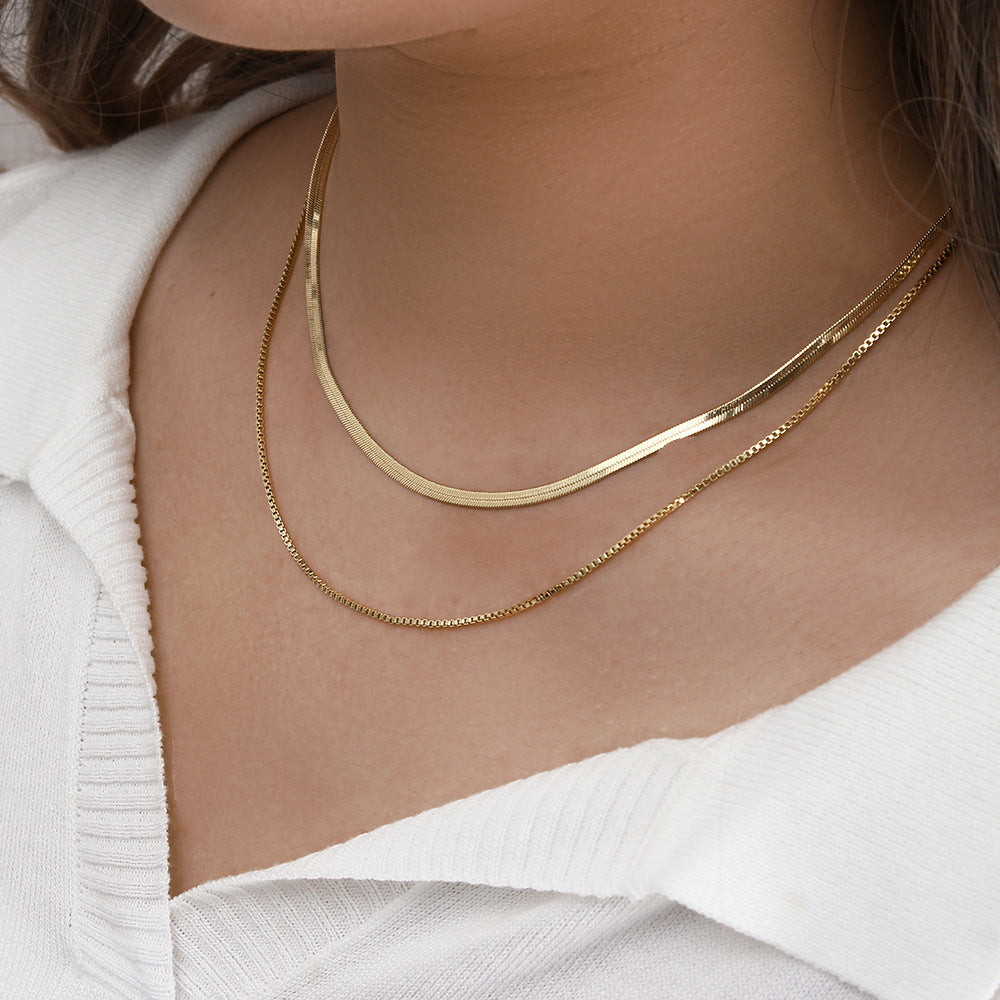 Minimalist Geometric Stainless Steel Plated 18K Gold Double-Layer Flat Snake Chain Necklace for Women