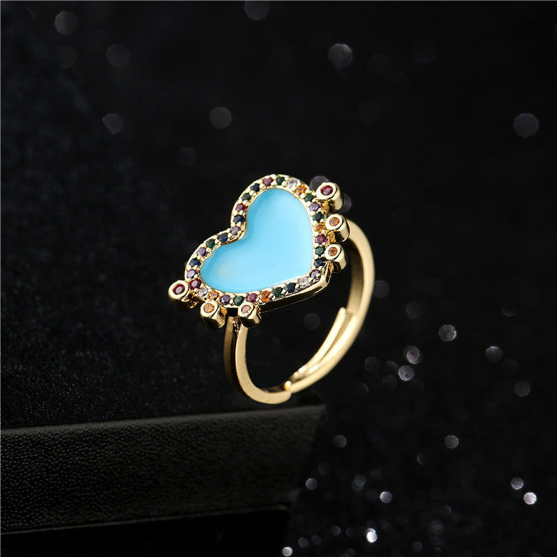 Colorful Drip Oil Heart Geometric Brass Ring with Micro-inlaid Cubic Zirconia for Women