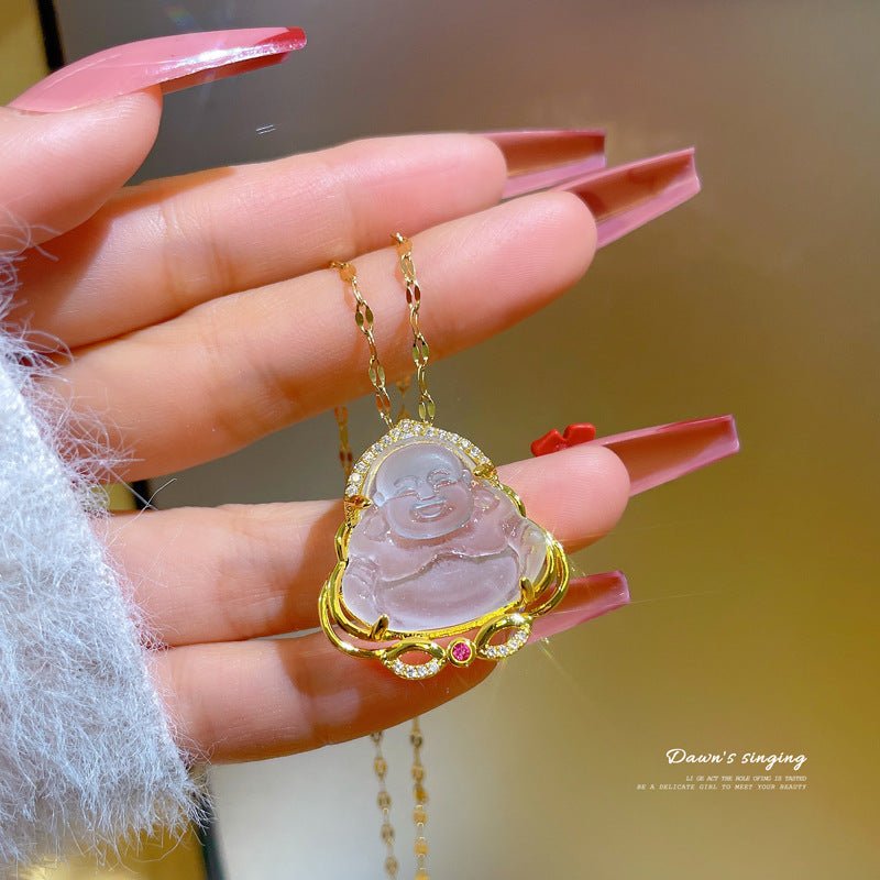 Collana da donna bohémien con ciondolo a Buddha geometrico in acciaio al titanio con intarsio in zircone e catena regolabile per clavicola