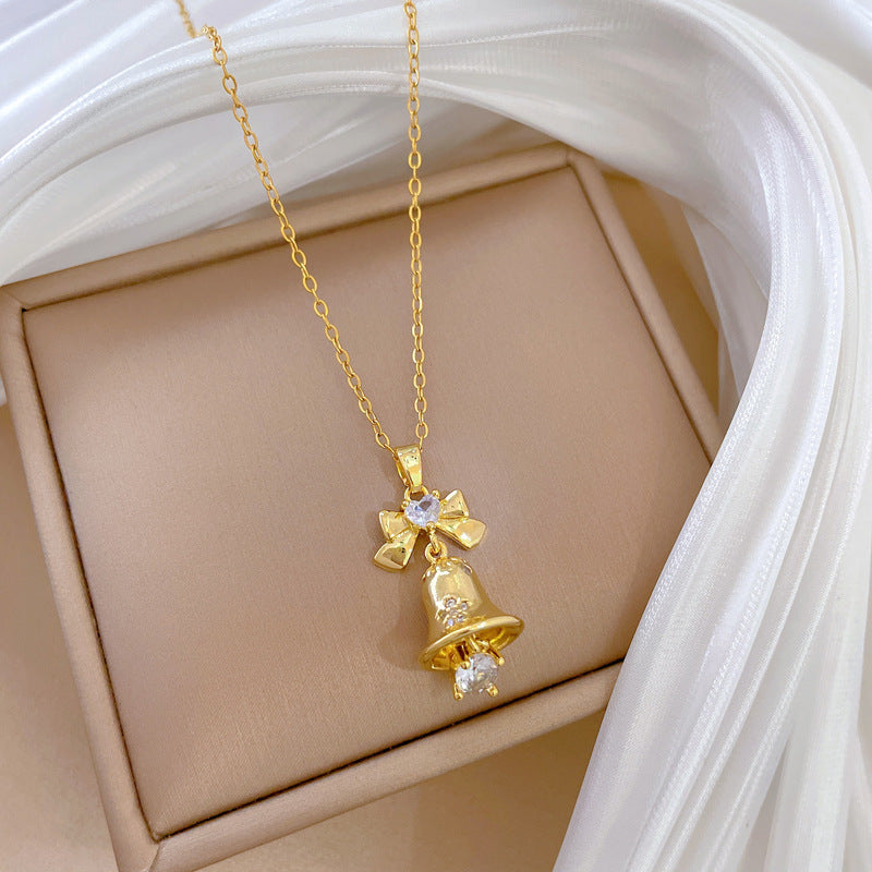 Butterfly Bow Knot Bell Pendant Necklace for Women with Full Rhinestone Accents in Titanium Steel Chain, Elegant Minimalist Style