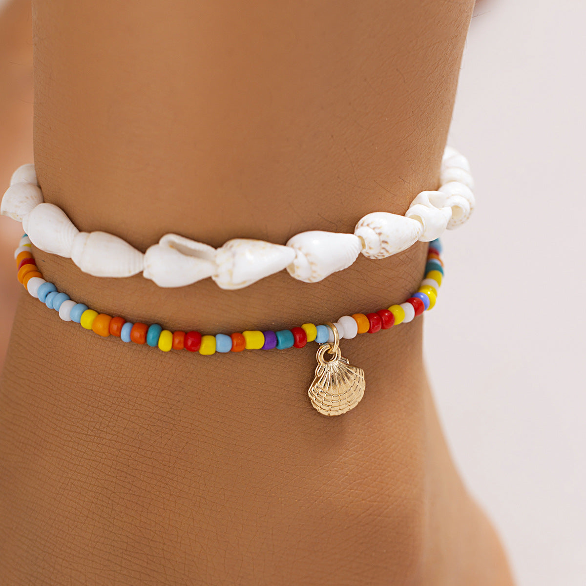 Ethnic Style Geometric Anklet with Alloy-Inlaid Artificial Gemstones and Pearl-Like Beads for Women