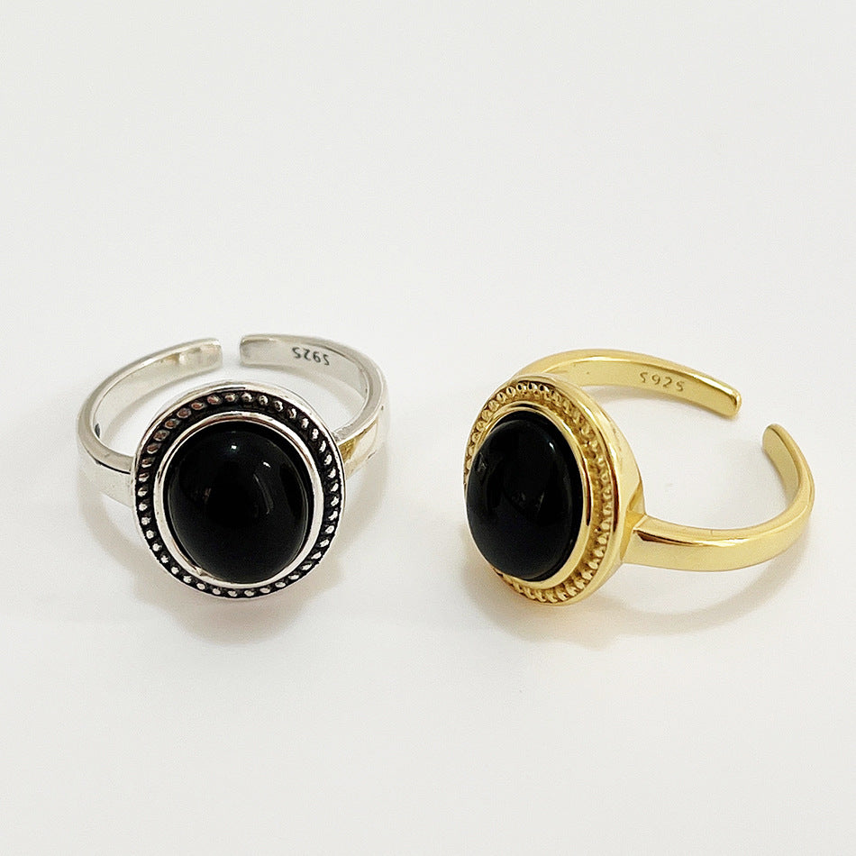 Anello vintage in argento sterling 925 a forma di cuore con intarsio in agata nera, fascia regolabile geometrica da donna
