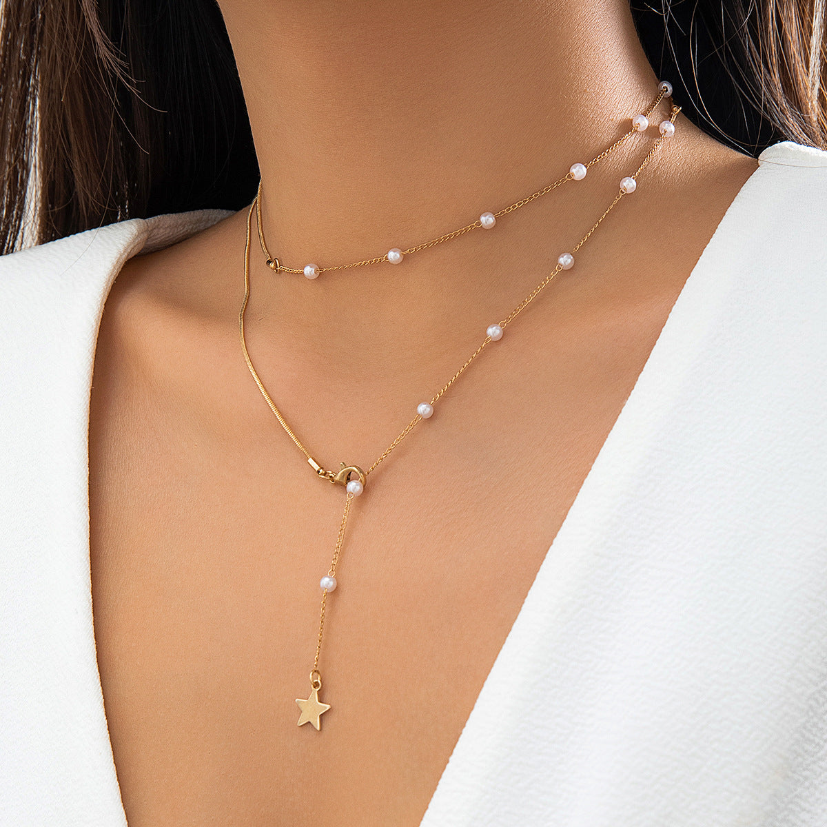 Collana da donna con ciondolo a barra in metallo placcato con perla d'imitazione geometrica a stella minimalista su catena a cavo