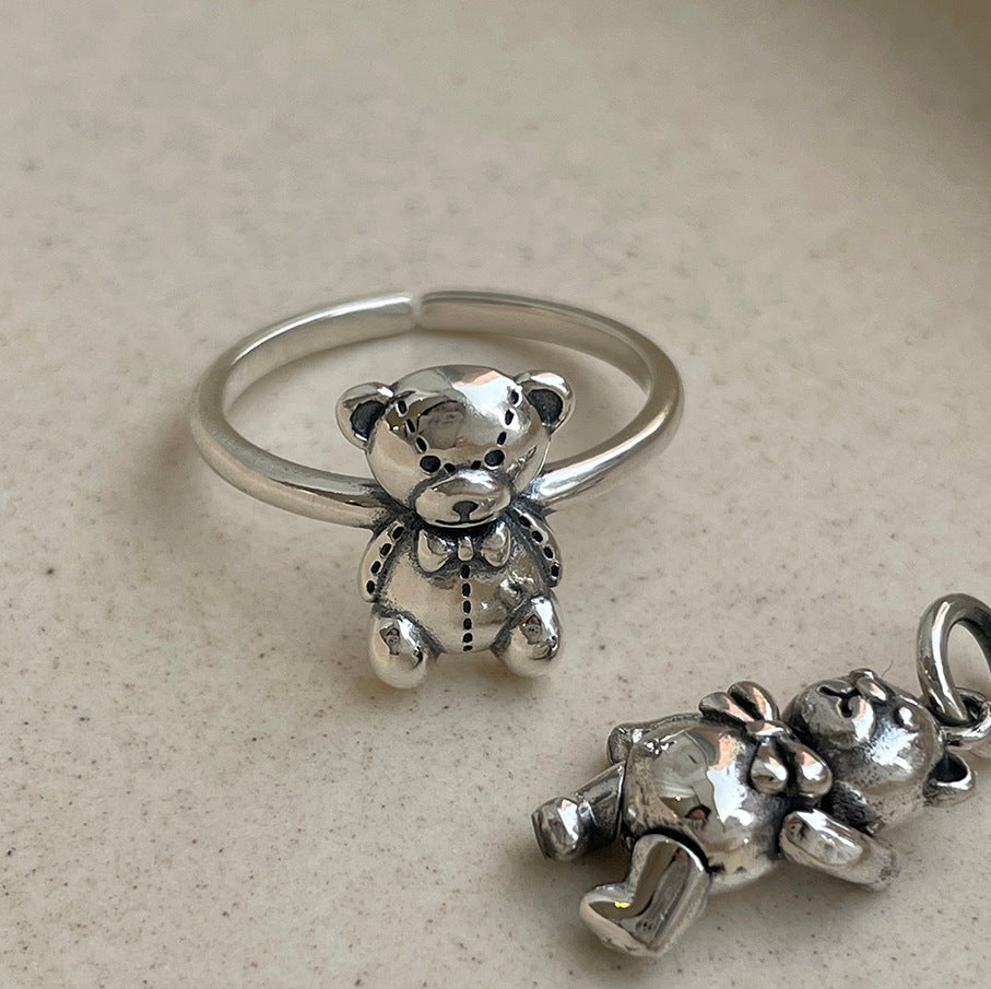 Minimalist Bear-Shaped 925 Sterling Silver Ring for Women with Inlay Craftsmanship