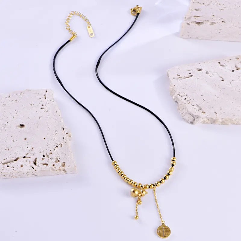 Minimalist Gold Plated Titanium Steel Fu Character Gourd Tassel Necklace for Unisex
