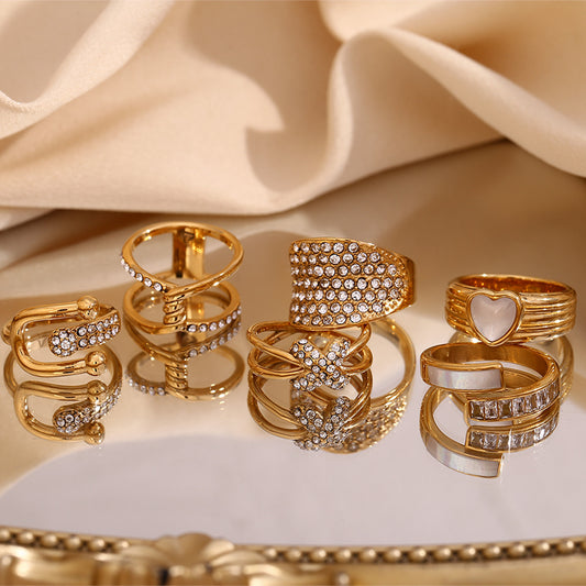 Fashionable Geometric Cross Heart Ring for Women in Stainless Steel with 18K Gold Plating and Micro-Pave Setting