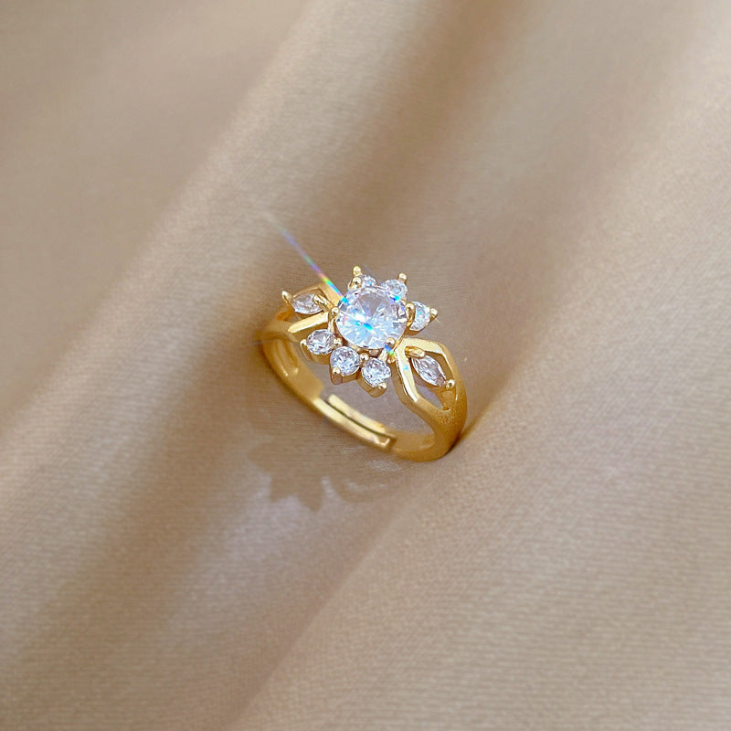 Sweet Cartoon Gold Plated Brass Cubic Zirconia Ring Adjustable Open Band for Women and Couples