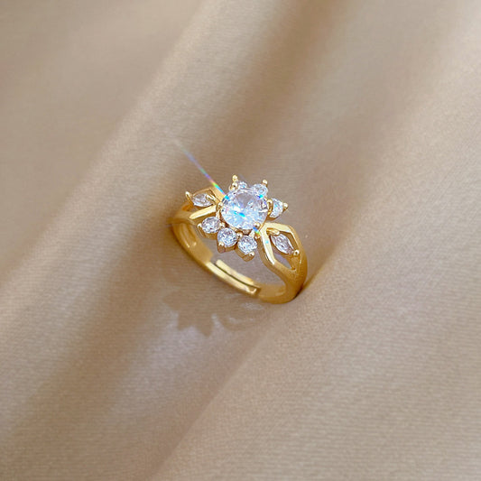 Sweet Cartoon Gold Plated Brass Cubic Zirconia Ring Adjustable Open Band for Women and Couples