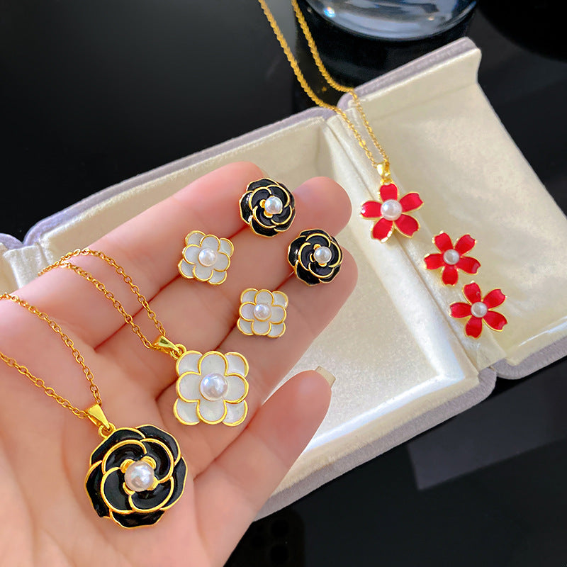 Sweet Elegant Camellia Flower Brass Plated Necklace and Earring Set with Cable Chain for Women