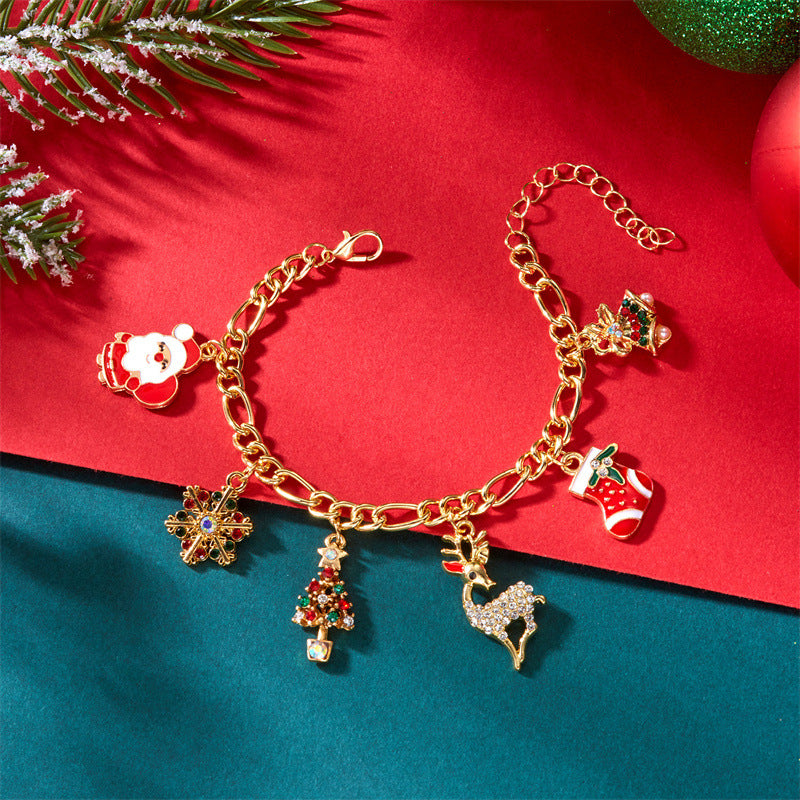 Fashion Christmas-Themed Handcrafted Alloy Bracelet with Santa and Snowflake Charms for Women