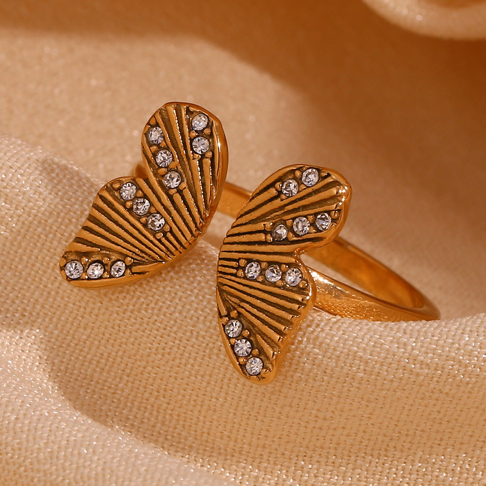 Fashionable Butterfly-Shaped Stainless Steel Ring with 18K Gold Plating and Zircon Inlay for Women
