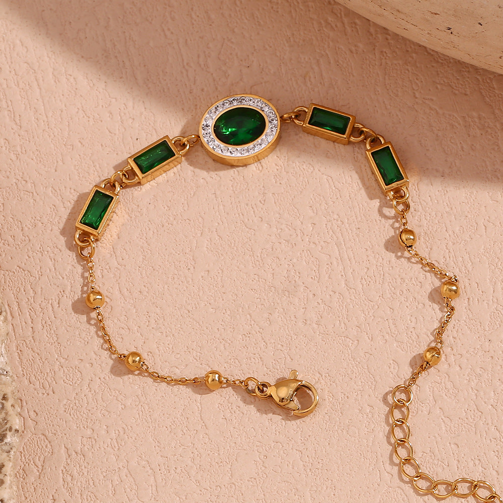 Fashionable Minimalist Geometric Stainless Steel Plated 18K Gold White Howlite Oval Rectangle Green Rhinestone Bracelet for Women
