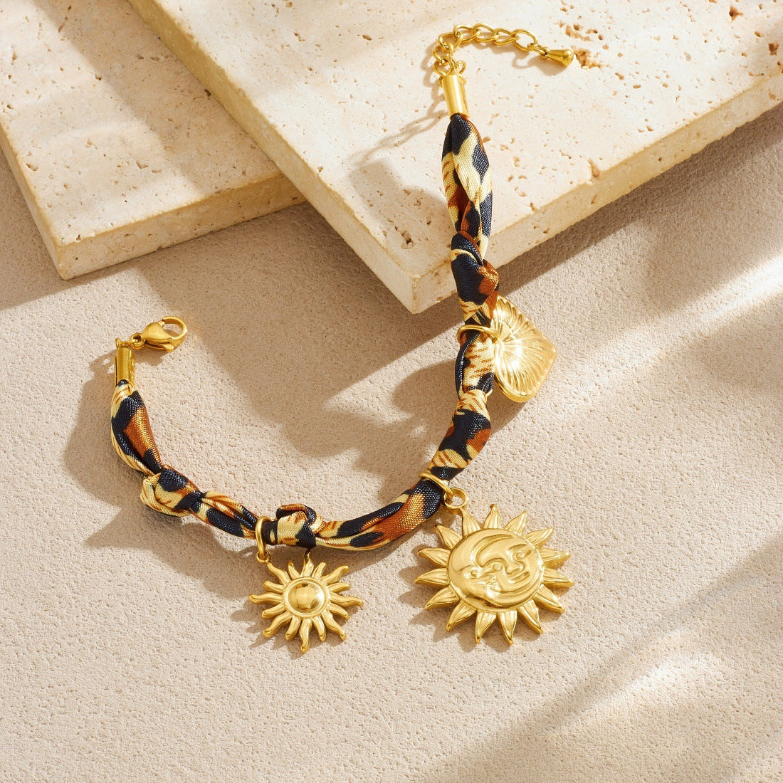 Bohemian Vintage Gold Plated Stainless Steel Leopard Print Heart Pendant Bracelet with Sun Element