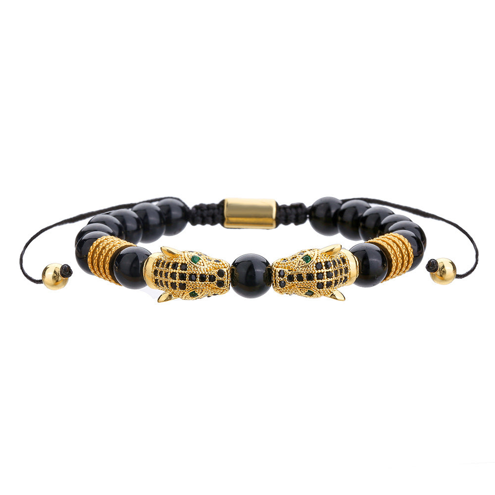 Hip-hop Micro-inlaid Cubic Zirconia Leopard Head Adjustable Stainless Steel Bracelet with Black Agate