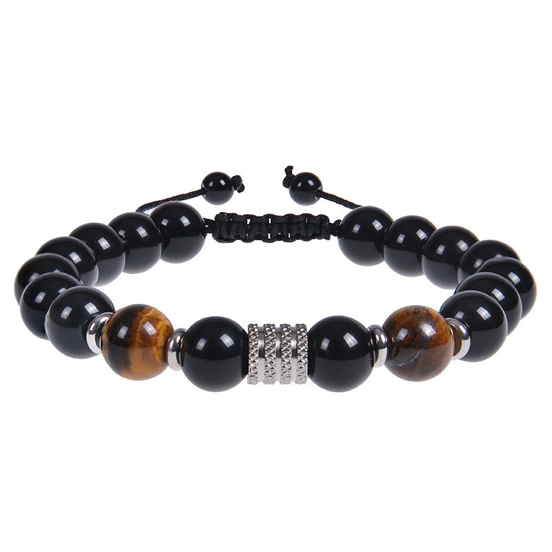 Minimalist Vintage Geometric Round Natural Obsidian Tiger Eye Stainless Steel Bracelet Unisex