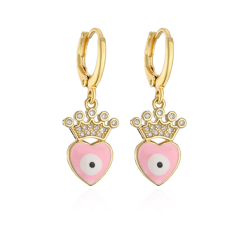 Elegant French-Style Geometric Eye and Heart Earrings for Women in Copper with Gold Plating and Enamel Finish