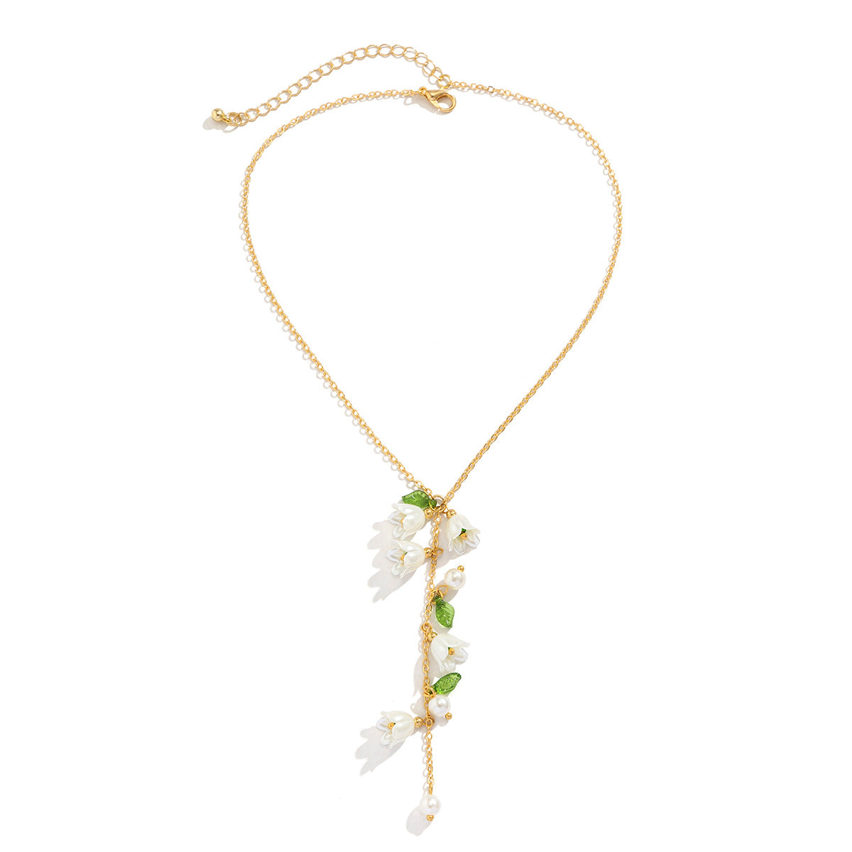 Rustic Floral Style Leaf Pendant Necklace for Women with Simulated Pearl and Crystal Accents, Dainty Clavicle Chain with Lilac Bouquet and Tassel Detail