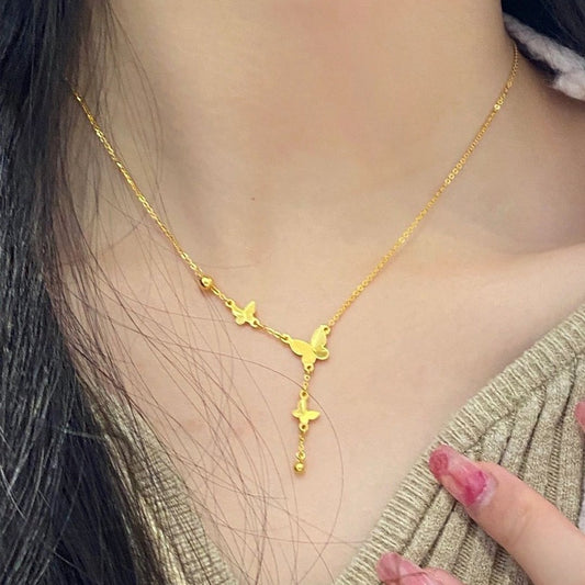 Original Design 18K Gold Plated Titanium Steel Butterfly Tassel Necklace Unisex O-Chain Pendant