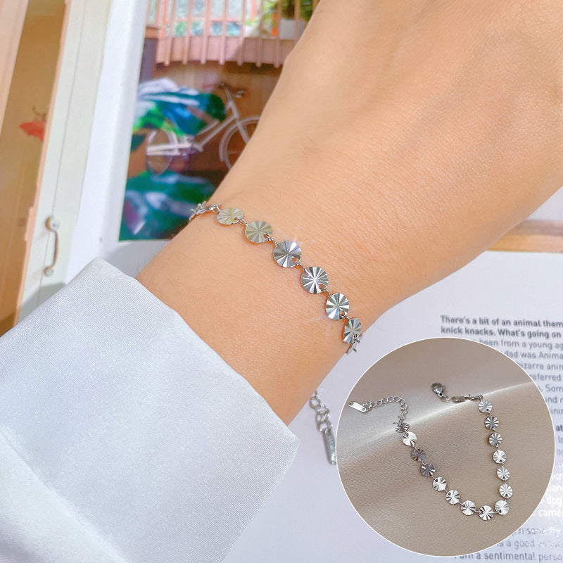 Vintage Women's Titanium Steel Rope Chain with Round Beads and Roman Numerals Gold Plated Wave Texture Four-Season Bean Hand Chain
