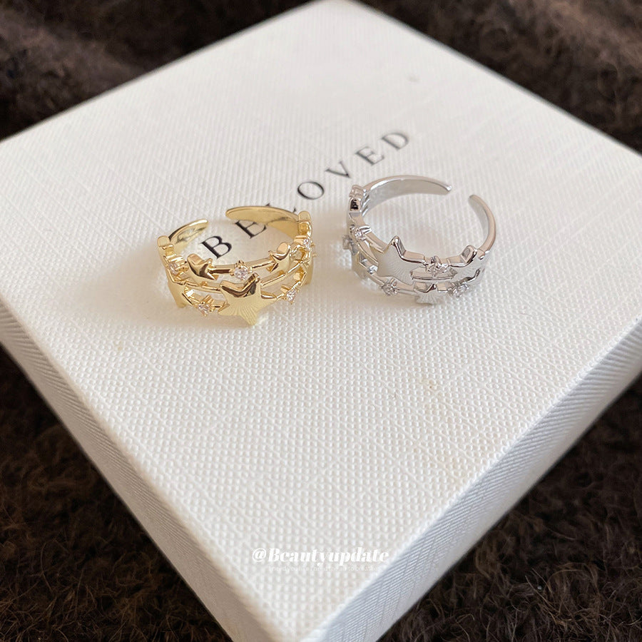 Anello aperto a forma di stella minimalista di lusso leggero con intarsio di zirconi da donna