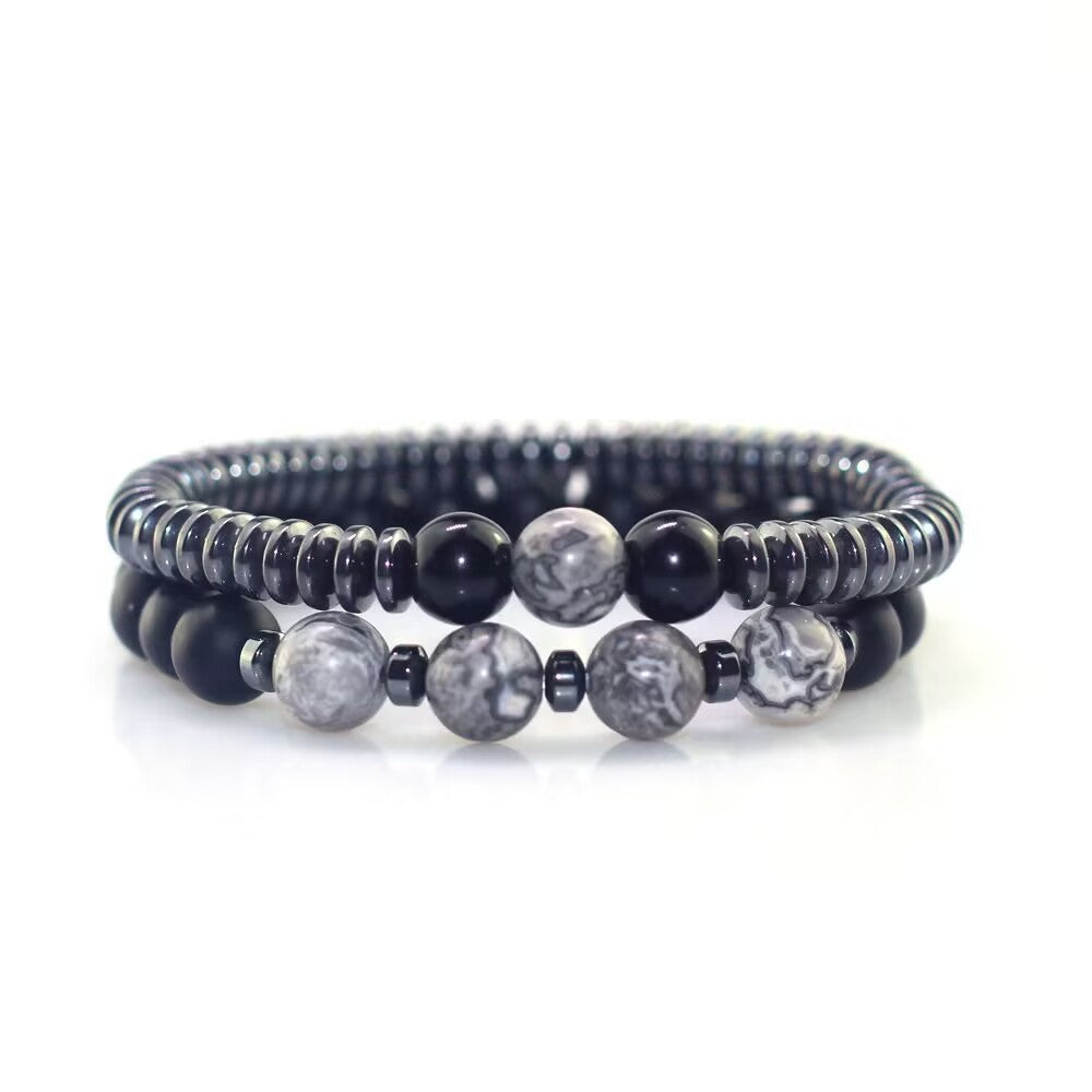 Minimalist Men's Black Stone Beaded Bracelet Handmade Natural Stone Strand