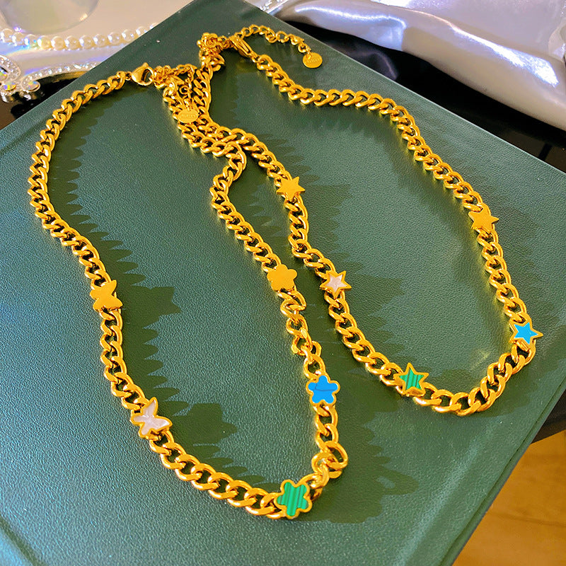 Luxury Cuban Link Chain Titanium Steel Star Necklace Plated Unisex Jewelry