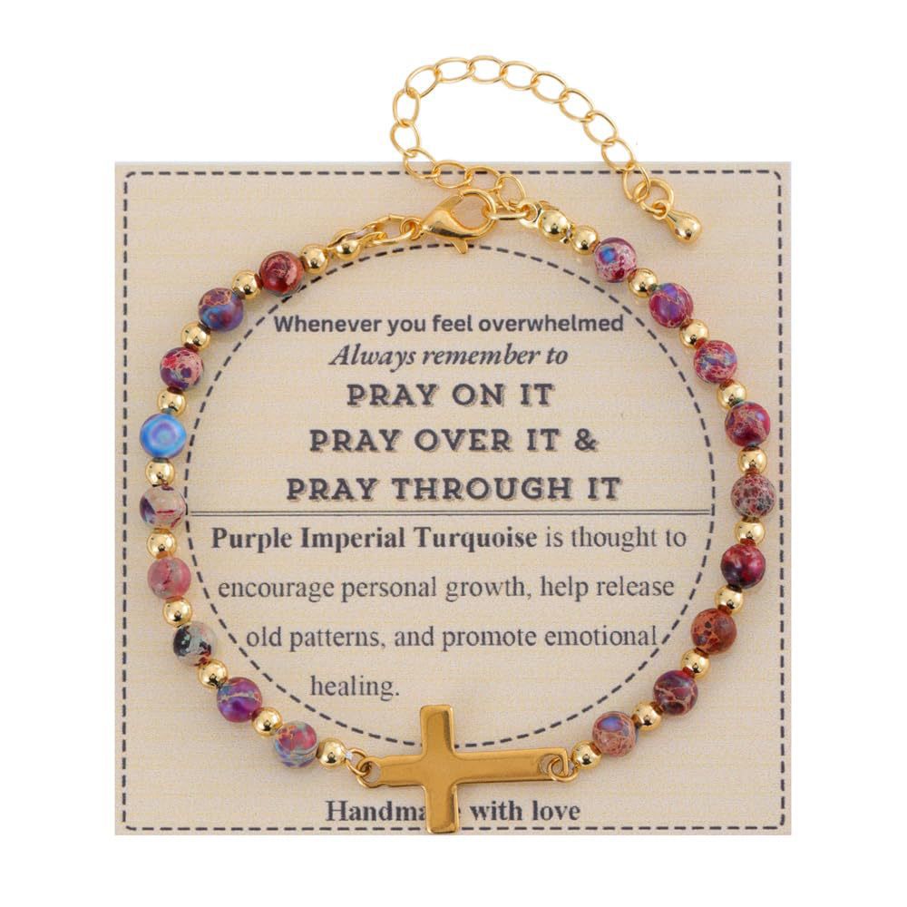 Minimalist Natural Stone Cross Bracelet with Turquoise and Amethyst Inlay for Women