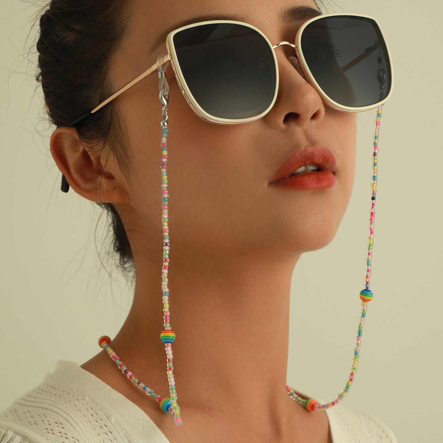 Rainbow Gradient Round Glass Beads Ball Chain Eyeglass Holder for Women