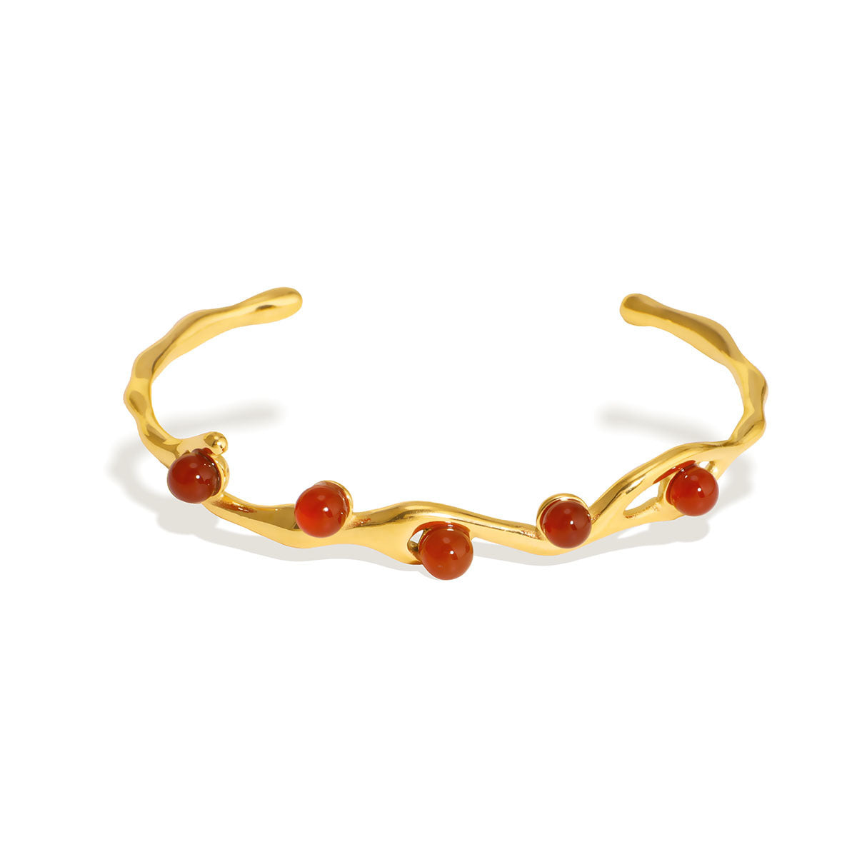 Vintage Style Titanium Steel Open Bangle for Women with Natural Stone and Pearl Inlay Geometric Design