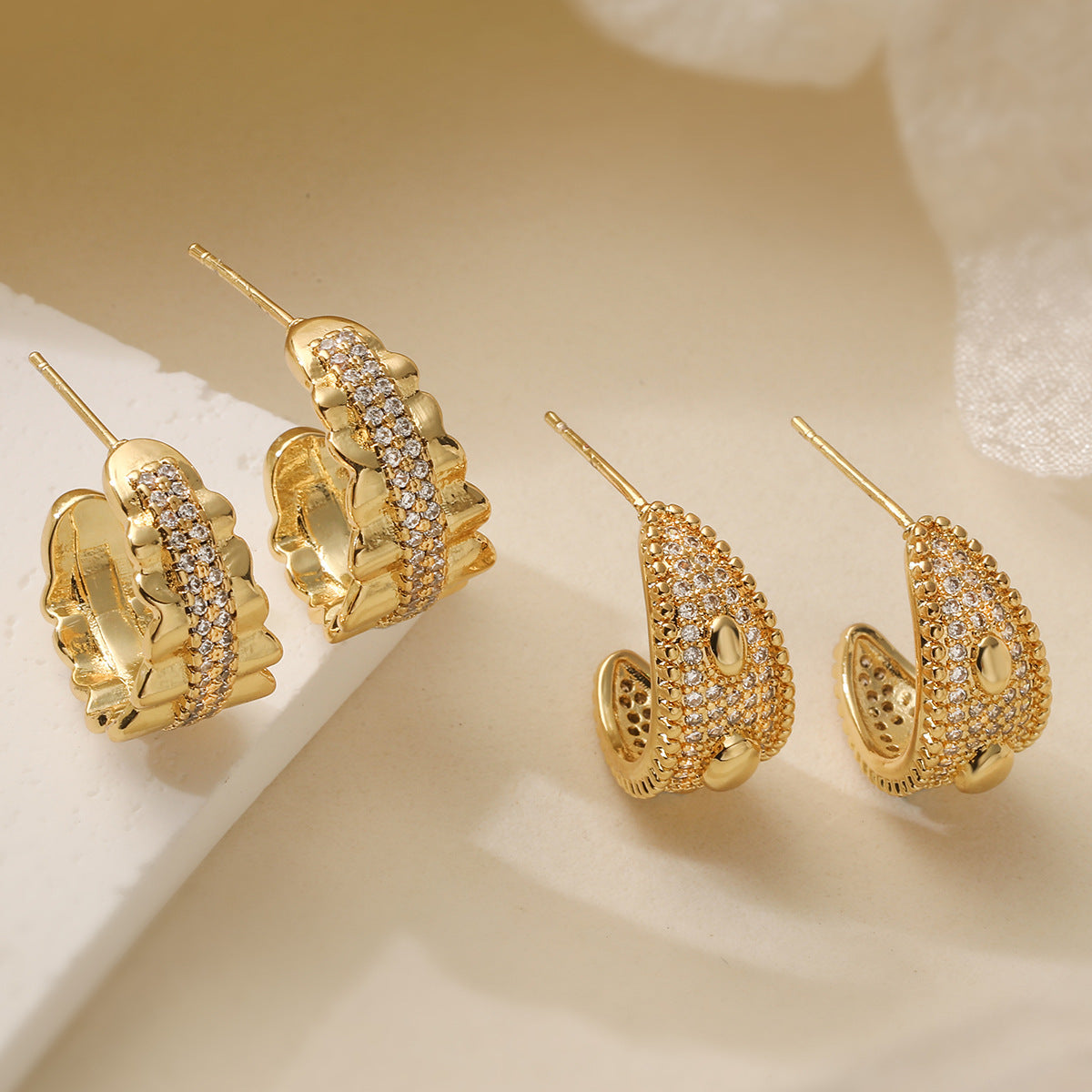 Minimalist 18K Gold Plated Brass Geometric Cubic Zirconia C-Shaped Earrings for Women