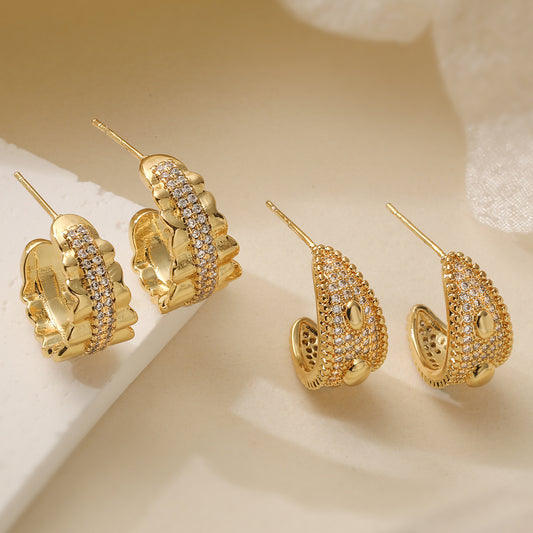 Minimalist 18K Gold Plated Brass Geometric Cubic Zirconia C-Shaped Earrings for Women