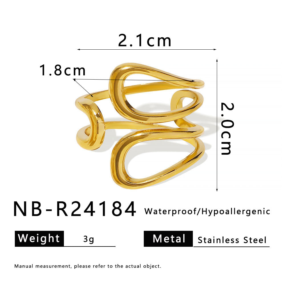 Minimalist Asymmetrical Hollow Oval Stainless Steel Ring with Plated Finish Adjustable Unisex Jewelry