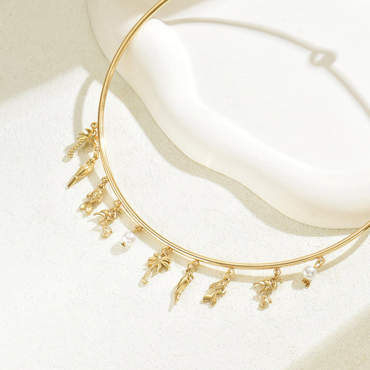 Collar con colgante minimalista de flamenco geométrico y palmera para mujer con incrustaciones de perlas en aleación de zinc