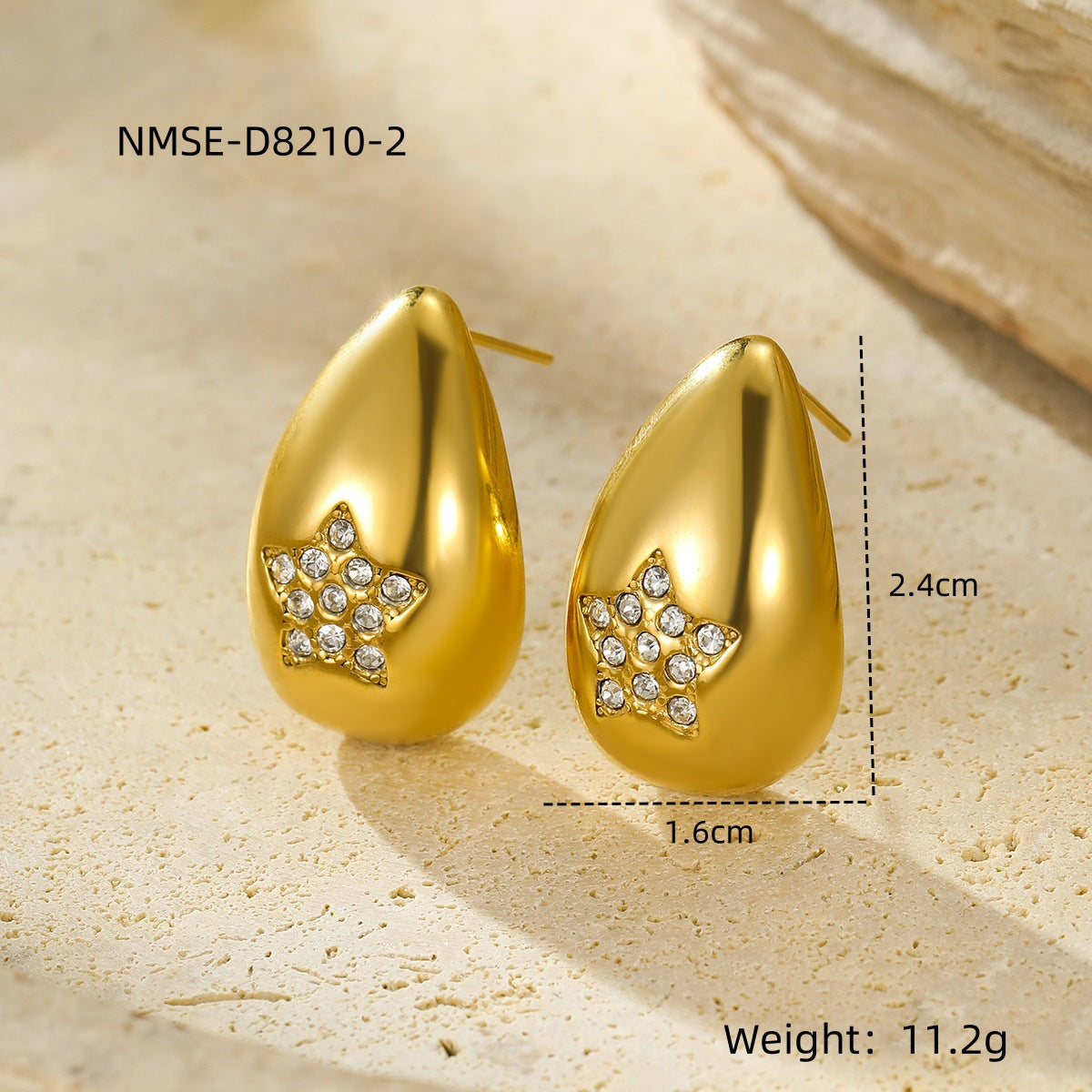 Orecchini a perno a goccia alla moda in acciaio inossidabile con strass a forma di cuore e stella da donna