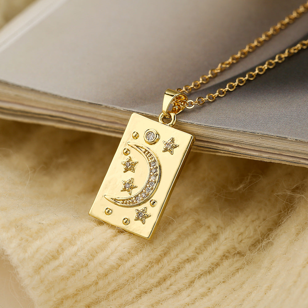 Geometric Sun Star Moon Square Pendant Necklace in Copper with 18K Gold Plating and Zircon Inlay for Women