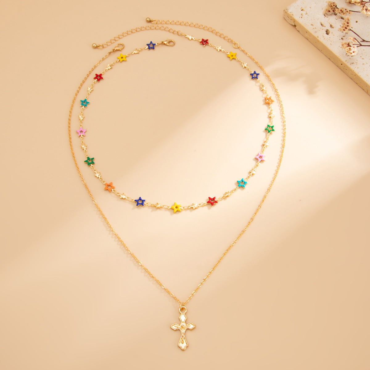 Colorful Crystal Cross and Star Pendant Necklace Zinc Alloy Plated Chain for Women