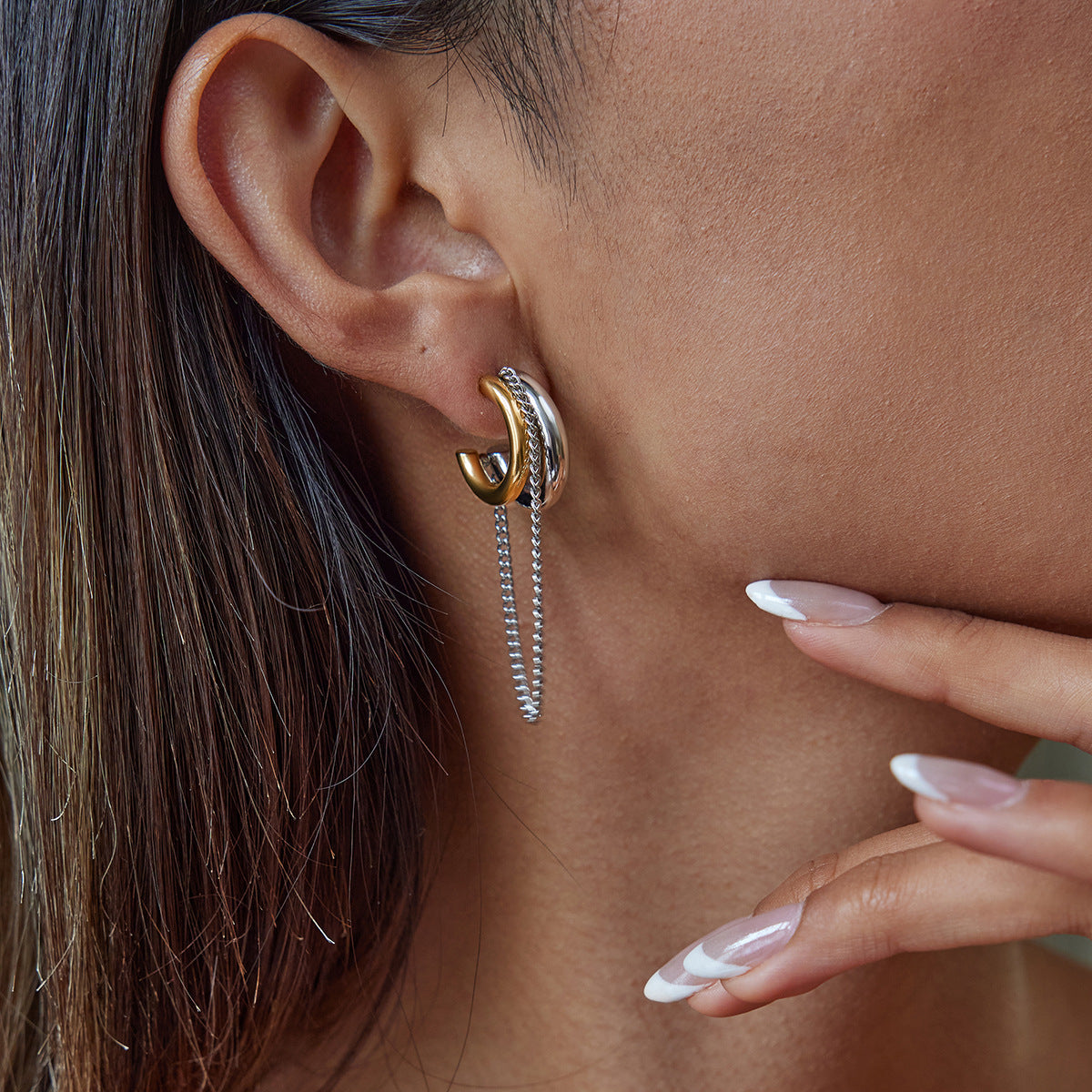 Elegant Geometric Stainless Steel Plated Tassel Earrings with Double C Design for Women
