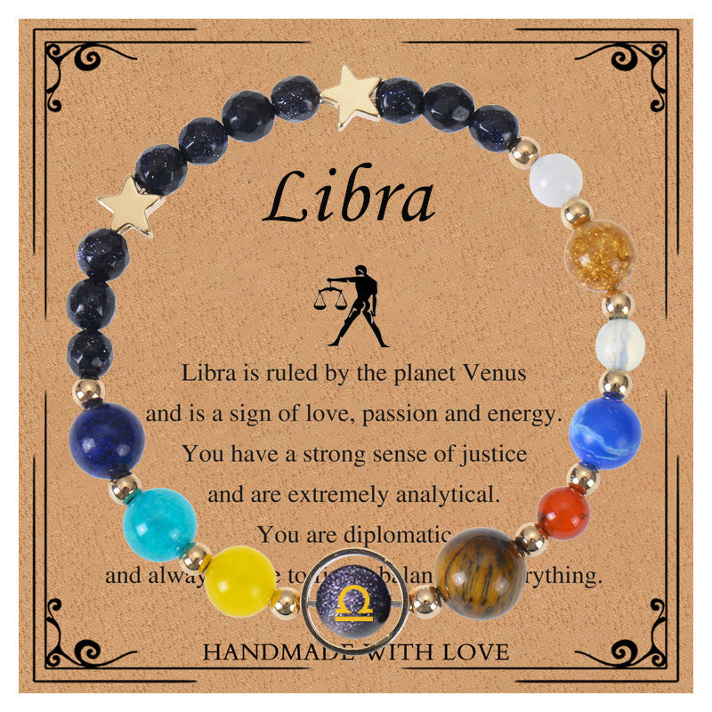 Elegant Geometric Natural Stone Obsidian Crystal Blue Sandstone Bracelet Unisex Zodiac Galaxy Universe Star Beaded Bracelet