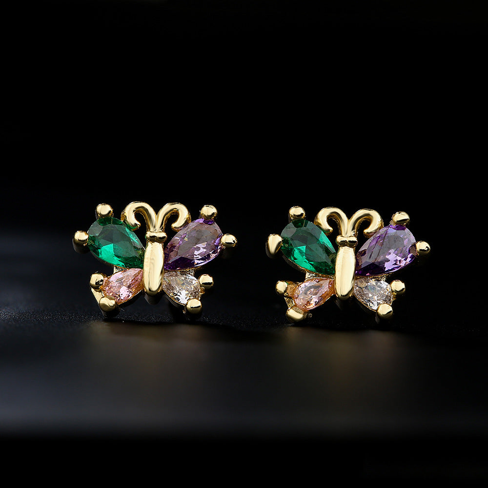 Minimalist Butterfly Geometric Stud Earrings for Women in Copper with 18K Gold Plating and Colored Zircon