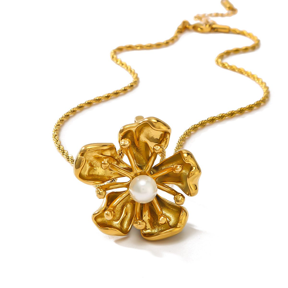 Minimalist Floral Stainless Steel Necklace with 18K Gold Plating and Pearl Inlay for Women