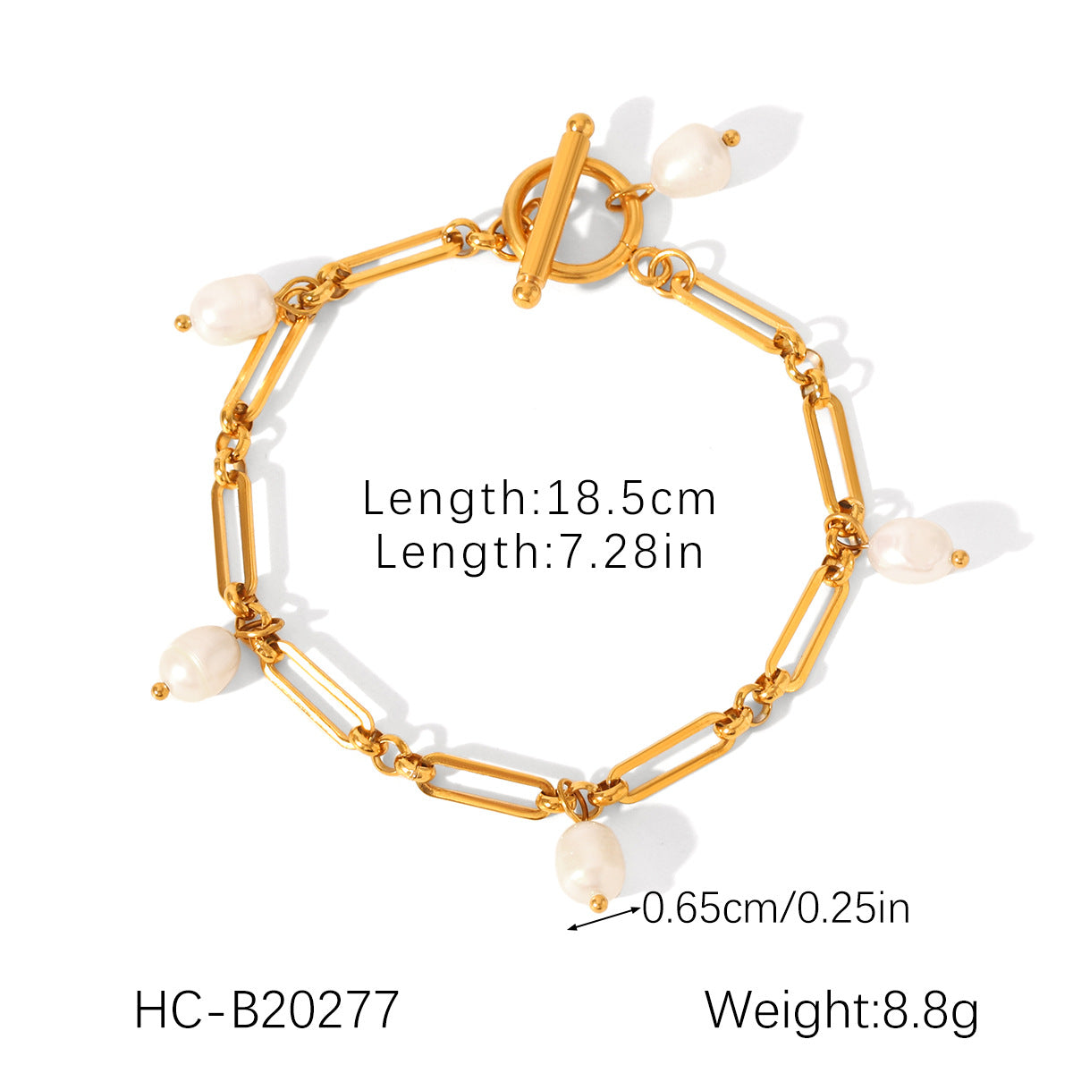 Bracciale da donna minimalista geometrico con perle d'acqua dolce e conchiglie, in acciaio inossidabile placcato oro 18K