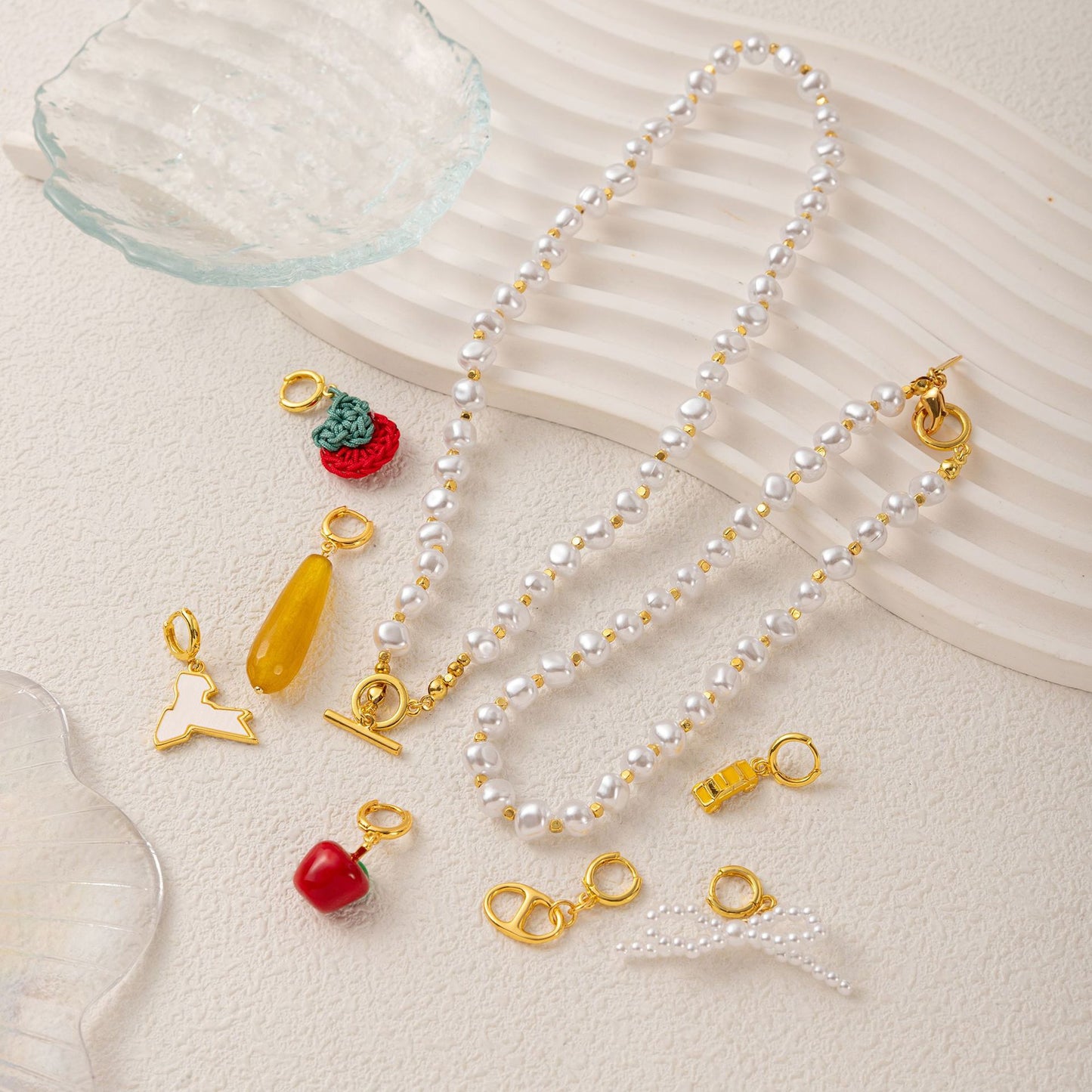 Fruit Apple Strawberry Bow Pearl Plated Brass Bag Charm Pendant
